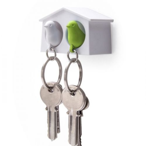 QUALY Mni Duo Sparrow Keyring Мини къщичка за ключове с ключодържатели, бял, зелен