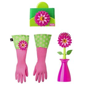 VIGAR FLOWER POWER Сет ръкавици, четка с ваза и поставка са гъба, розов